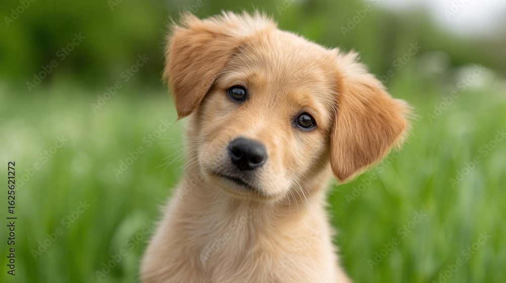 Obraz premium Golden Puppy's Curious Gaze: A cute golden retriever puppy with floppy ears and a curious expression sits in a field of green, looking up at the camera. Its innocent gaze, adorable and cute.