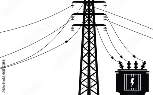 Electric transmission tower and power transformer with insulators and lines, silhouette vector drawing, cad drawing flat vector illustration design