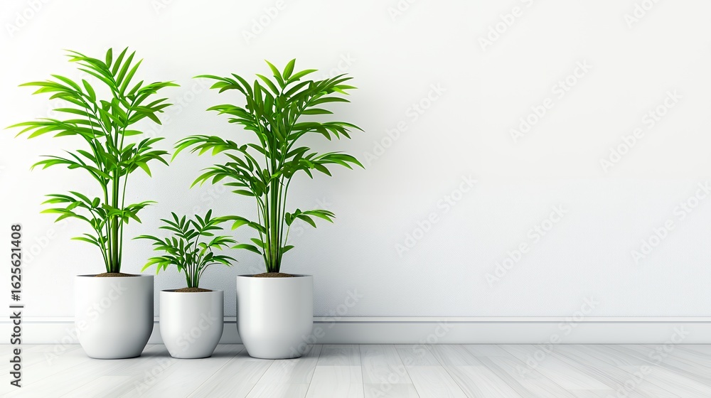 Three Potted Palm Plants in White Pots Against a White Wall Three Potted Palm Plants in White Pots Against a White Wall