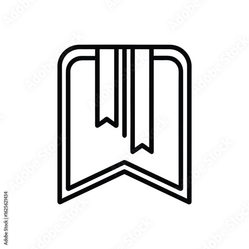 A minimalist black and white outline icon depicting an open book with multiple ribbon bookmarks protruding from the top.