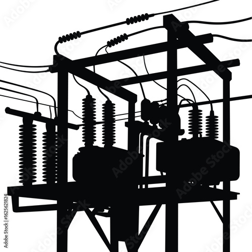 High voltage power substation with electric insulators, transformers and wiring, energy infrastructure silhouette, cad drawing flat vector illustration
