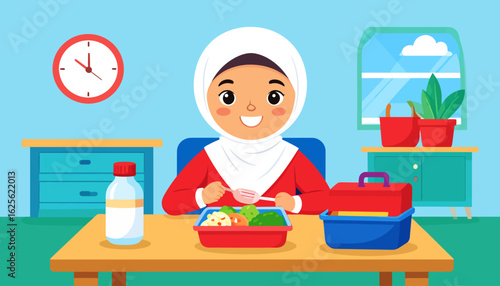 Lunchtime Joy: Smiling Girl with Lunchbox Illustration