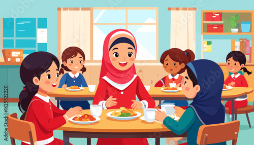 School Lunchtime: Diverse Girls Eating in Cafeteria
