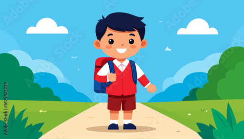 Cheerful Boy on Path to School: Cartoon Illustration