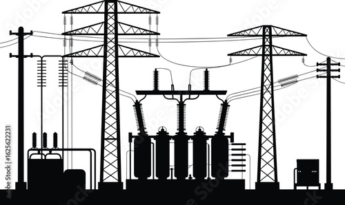 Electrical substation with high voltage towers, transformers and utility poles in silhouette style, energy infrastructure cad drawing flat vector illustration