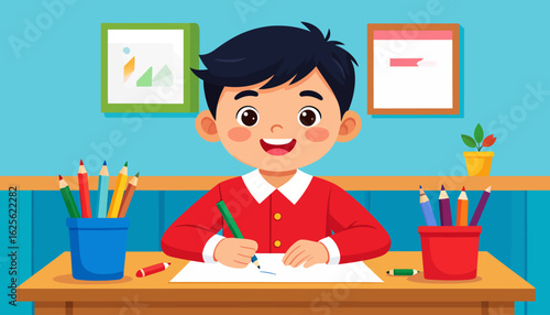 Boy Drawing at Desk: Creative Childhood Illustration