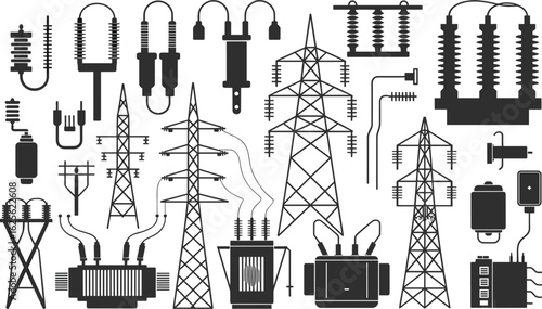High voltage electrical elements, transformer, pylon, insulator, cable system components cad drawing flat vector illustration for power distribution design