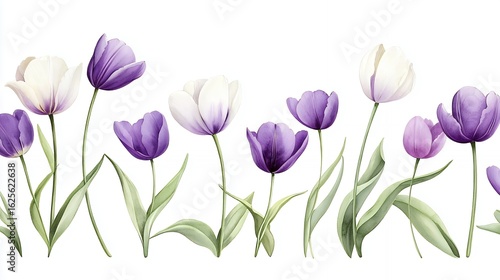 Watercolor Purple and White Tulips Floral Border