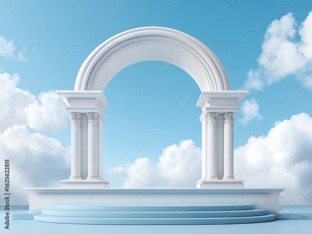 Fototapeta premium White Classical Arch with Blue Platform Against a Cloudy Sky