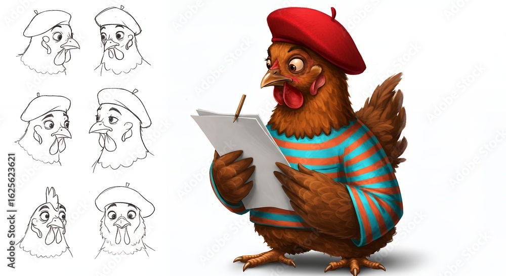 Naklejka premium Cartoon hen character with beret illustration