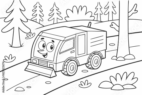 Vector Cartoon funny Ice Resurfacer, funny image in the forest, Coloring book page for children. Line Art isolated on white background