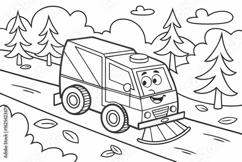 Vector Cartoon funny Ice Resurfacer, funny image in the forest, Coloring book page for children. Line Art isolated on white background