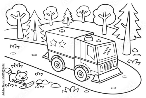 Vector Cartoon funny Ice Resurfacer, funny image in the forest, Coloring book page for children. Line Art isolated on white background
