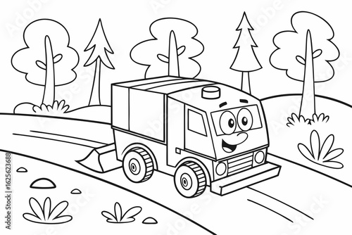 Vector Cartoon funny Ice Resurfacer, funny image in the forest, Coloring book page for children. Line Art isolated on white background