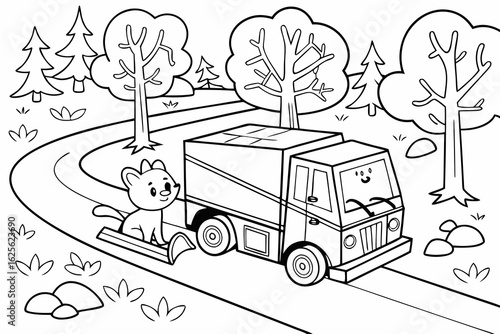 Vector Cartoon funny Ice Resurfacer, funny image in the forest, Coloring book page for children. Line Art isolated on white background