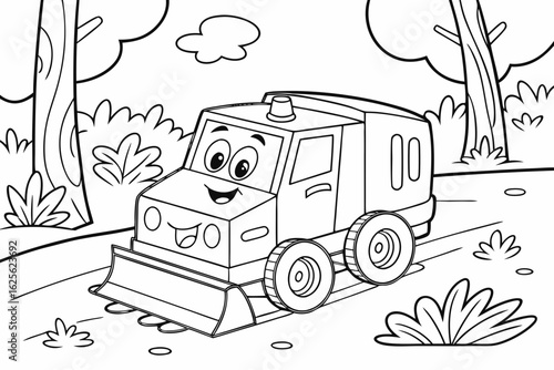 Vector Cartoon funny Ice Resurfacer, funny image in the forest, Coloring book page for children. Line Art isolated on white background