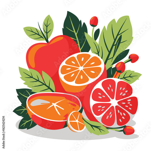 Red and orange fruits with green leaves apple grapefruit