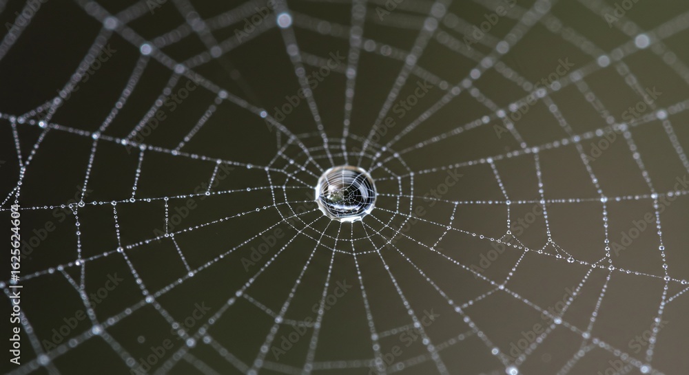 Fototapeta premium Macro shot of a shimmering spider web adorned with delicate morning dew drops, showcasing nature's intricate artistry and the fragile beauty of its design.