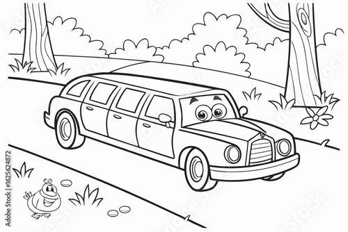Vector Cartoon funny Limousine, funny image in the forest, Coloring book page for children. Line Art isolated on white background