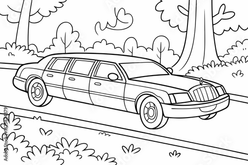 Vector Cartoon funny Limousine, funny image in the forest, Coloring book page for children. Line Art isolated on white background