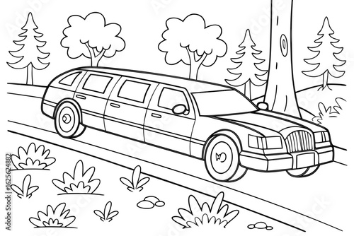 Vector Cartoon funny Limousine, funny image in the forest, Coloring book page for children. Line Art isolated on white background