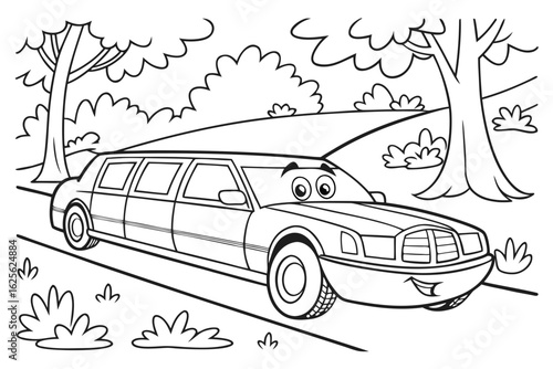 Vector Cartoon funny Limousine, funny image in the forest, Coloring book page for children. Line Art isolated on white background