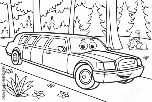 Vector Cartoon funny Limousine, funny image in the forest, Coloring book page for children. Line Art isolated on white background