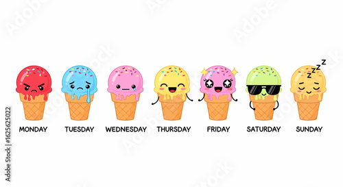 Freehand drawings of an ice cream cone representing each day of the week with fun characters and faces