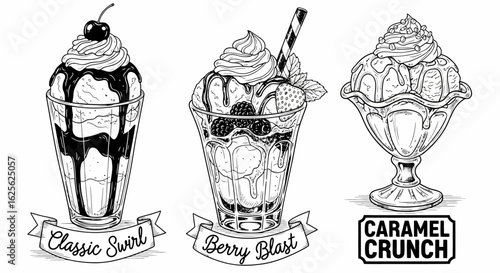 Freehand drawings of an ice cream sundae with vintage etched detail and flavor labels in monochrome style