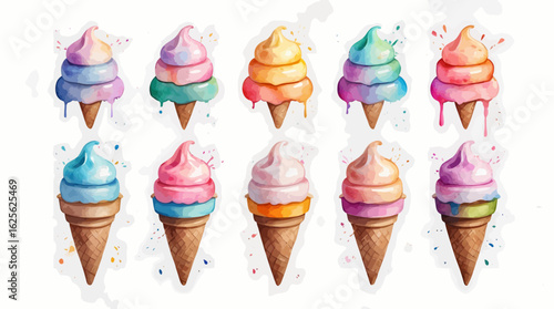 Freehand drawings of colorful soft serve ice cream cones in swirling rainbow tones with sparkles