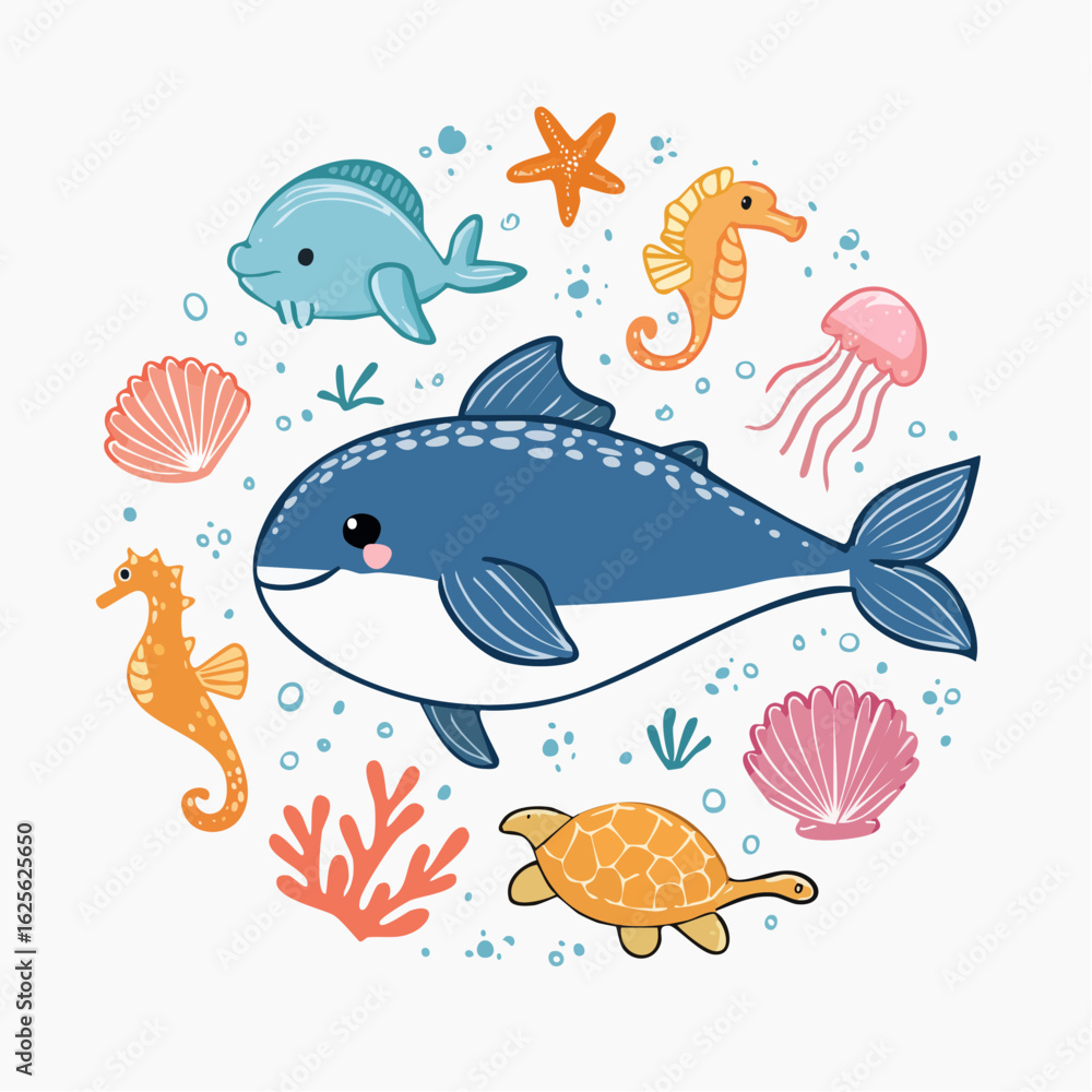 Naklejka premium Delightful marine life illustration showcasing adorable ocean creatures in a whimsical design
