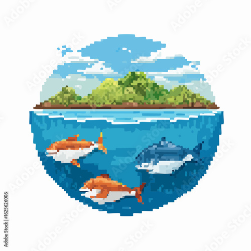 Pixelated undersea world with dolphins and a scenic island view in a circular design