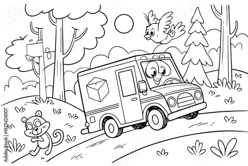 Vector Cartoon funny Mail Truck, funny image in the forest, Coloring book page for children. Line Art isolated on white background