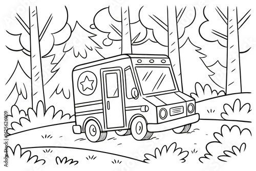 Vector Cartoon funny Mail Truck, funny image in the forest, Coloring book page for children. Line Art isolated on white background