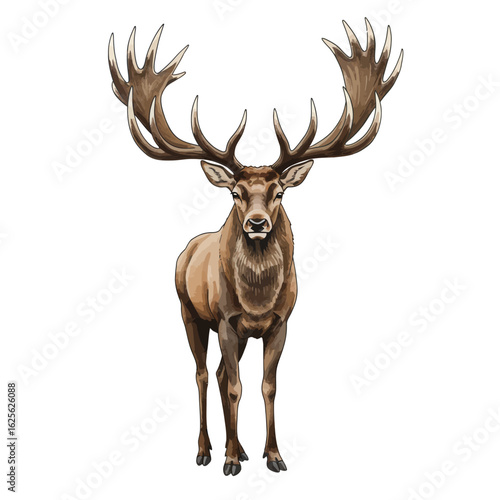 Majestic Red Deer Stag with Large Antlers Standing Isolated on White Background Wildlife Animal