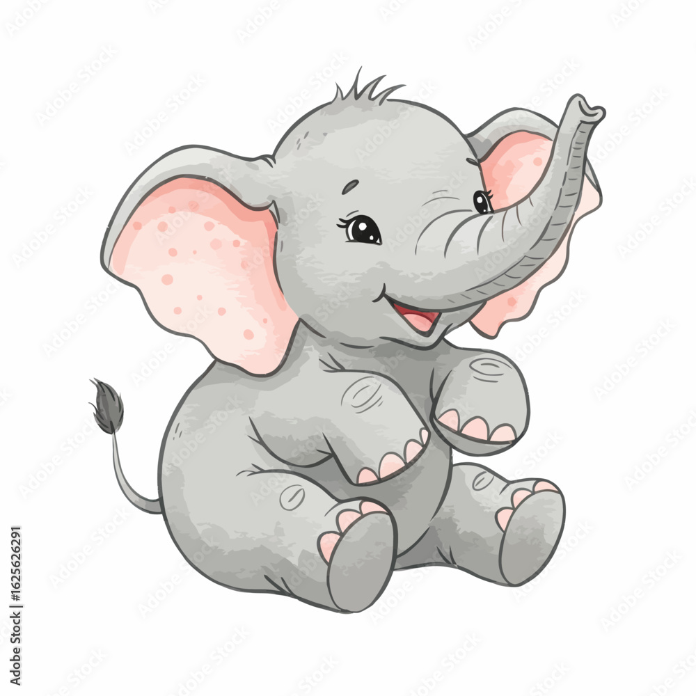 Obraz premium Cute Baby Elephant Cartoon Illustration Adorable Cheerful Animal Character Sitting Isolated