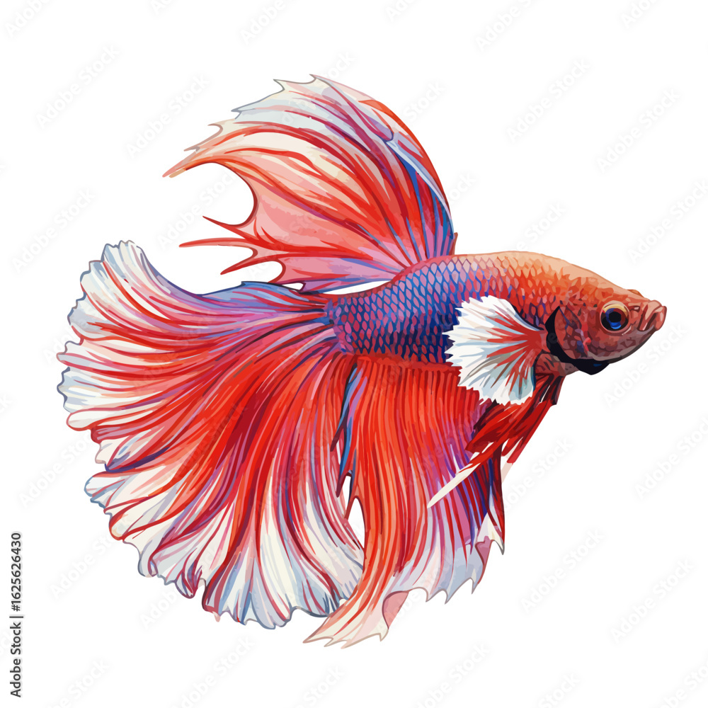 Fototapeta premium Vibrant Red and Blue Betta Fish Isolated on White Background with Flowing Fins