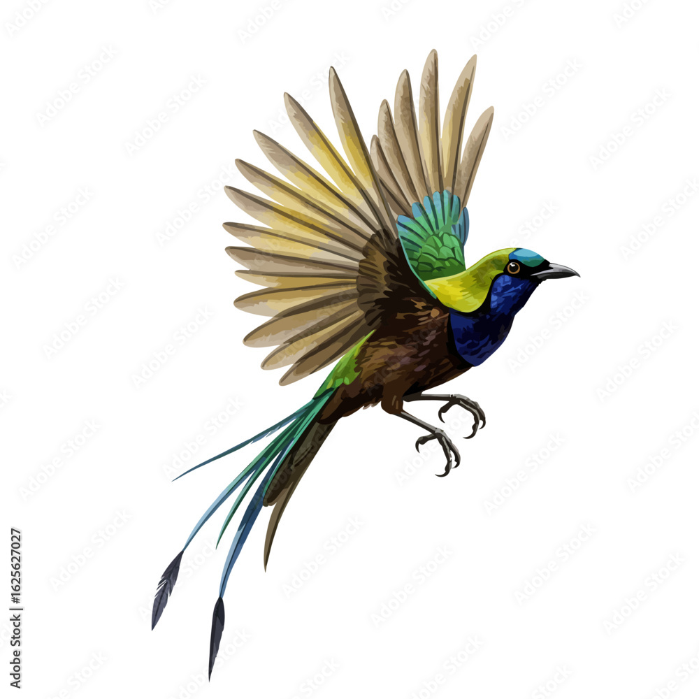 Fototapeta premium Vibrant Exotic Bird Flying Wings Spread Colorful Plumage Isolated White Background