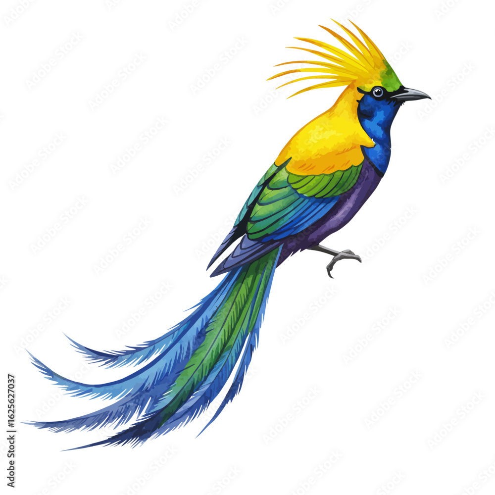 Fototapeta premium Vibrant Tropical Bird Illustration with Yellow Crest and Long Blue Tail