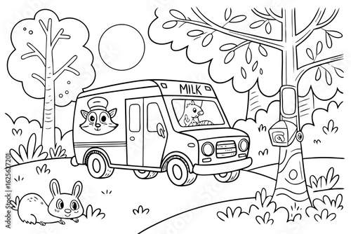 Vector Cartoon funny Milk Delivery Van, funny image in the forest, Coloring book page for children. Line Art isolated on white background