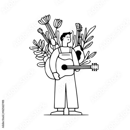 Man playing guitar with flowers and musical instruments art line drawing vector illustration design concept