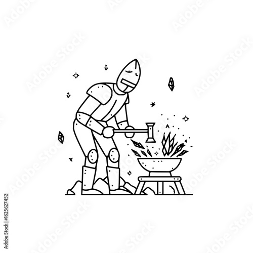 Illustration of a blacksmith knight forging metal with hammer at anvil line art vector drawing design art
