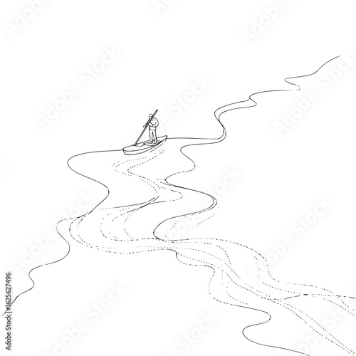 Paddleboarding adventure on river with person in boat vector illustration line art drawing design element