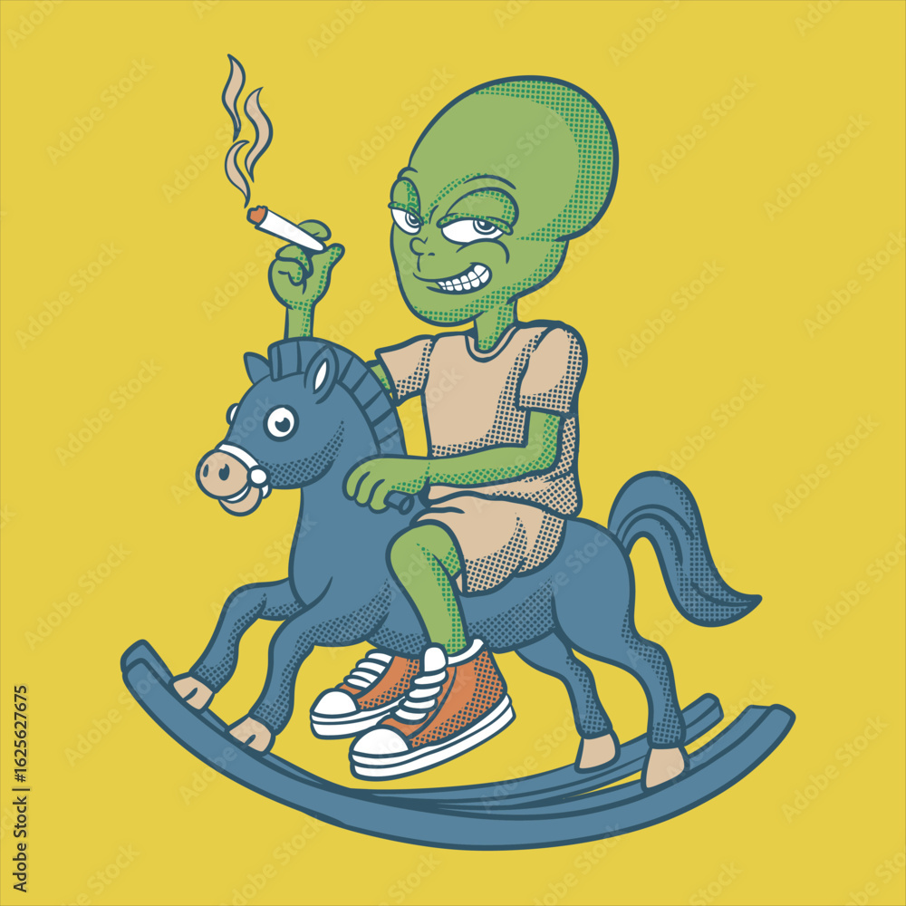 Naklejka premium alien playing time horse vector with smoke