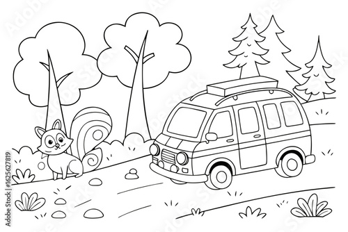 Vector Cartoon funny Minivan, funny image in the forest, Coloring book page for children. Line Art isolated on white background
