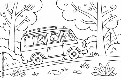 Vector Cartoon funny Minivan, funny image in the forest, Coloring book page for children. Line Art isolated on white background