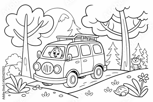Vector Cartoon funny Minivan, funny image in the forest, Coloring book page for children. Line Art isolated on white background