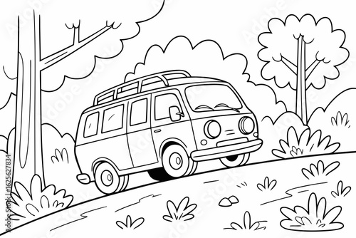Vector Cartoon funny Minivan, funny image in the forest, Coloring book page for children. Line Art isolated on white background