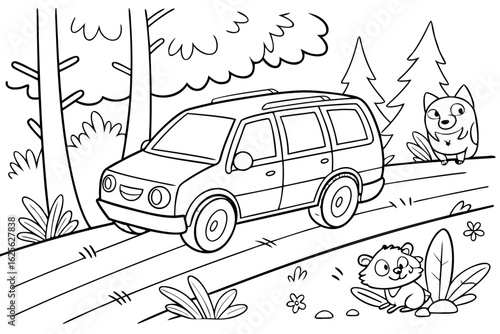 Vector Cartoon funny Minivan, funny image in the forest, Coloring book page for children. Line Art isolated on white background