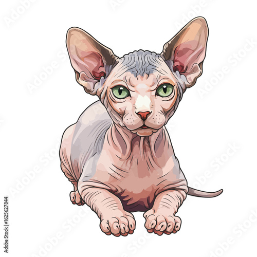Adorable Hairless Sphynx Kitten with Expressive Green Eyes Vector Art